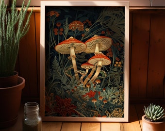 Elegant Mushroom William Morris Art Print or Canvas, Botanical Nature Wall Art, Moody Forest Vintage Mushroom Decor Cottagecore Toadstool