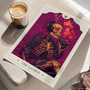 The Gamer Skeleton Tarot Card Wall Art Poster or Canvas Print, Retro Gaming Aesthetic, Skull Portrait Gothic Arcade Decor, Modern Wall Art