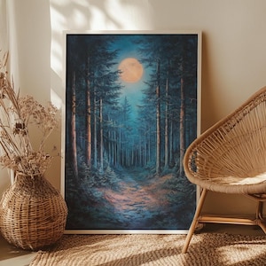 May include: A painting depicting a moonlit forest scene with a full moon shining through the trees. The trees are dark green and the path is illuminated by the moonlight.