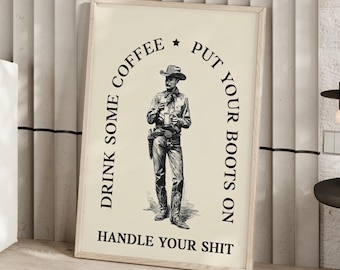 Vintage Coffee Cowboy Wall Art Poster or Canvas Print, Funny Western Kitchen Decor, Wild West Coffee Quote Bar Cart Print, Coffee Lover Gift