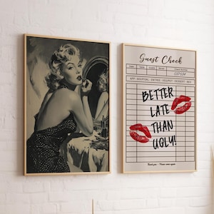 Better Late Than Ugly Set of 2 Poster or Canvas Prints, Vintage Woman Guest Check Retro Wall Art, Black and White Funny Bathroom Art Decor