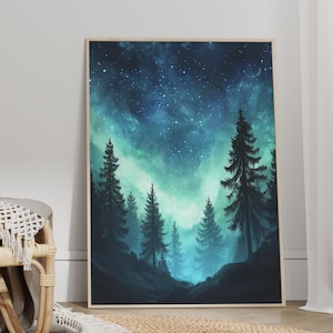 Ethereal Pine Forest with Aurora Borealis Wall Art Poster or Canvas Print, Cottagecore Magical Celestial Nature Scene, Cozy Woodland Artwork