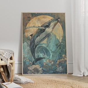 Tolles Buckelwal Portrait Poster oder Leinwanddruck, Vintage Floral Wal und Mond Wandkunst, Wal Fantasy Abstrakte Malerei Kinderzimmer Dekor