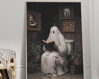 Ghost on Toilet Wall Art Poster or Canvas Print, Dark Academia Halloween Decor, Spooky Bathroom Poster, Funny Vintage Cottagecore Painting
