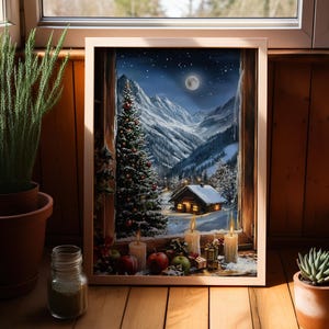 Cozy Christmas Window Art Poster or Canvas Print, Snowy Mountains, Candlelit Night, Winter Wonderland Print Holiday Decor, Moonlit Landscape