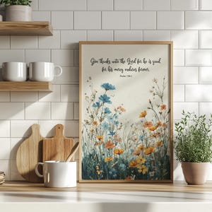 Give Thanks To The Lord For He Is Good Bible Verse Wall Art Poster or Canvas Print, Floral Botanical Print, Minimalist Christian Home Decor