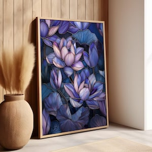 Lotus Flower Stained Glass Style Artwork Poster or Canvas Print, Blue Purple Lotus Flower Wall Art, Abstract Flower Art, Botanical Art Print