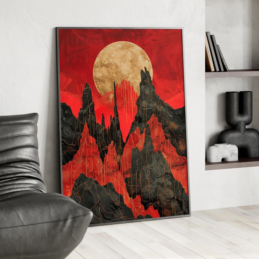 Scenic Mountains and Gold Moon Illustration Art Print or Canvas ...