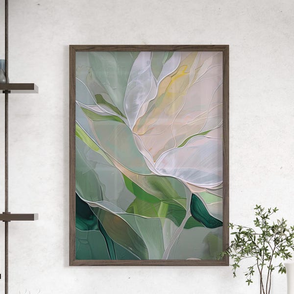Green Abstract Floral Botanical Art Print Poster or Canvas, Neutral Colors Oil Painting Minimalist Art Print, Abstract Petals Sage Green Art
