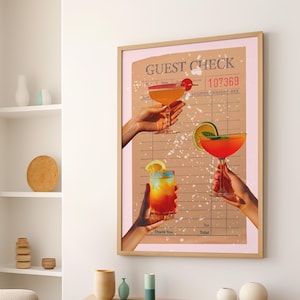 Cheers Guest Check Champagne Wall Art Print or Canvas, Preppy Vintage Cocktail Bar Cart Art, Beverage Girly Bar Cart Decor Retro Alcohol