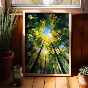 May include: A framed painting of a forest scene with tall trees reaching up towards a bright blue sky. The trees are painted in shades of green, yellow, and brown, and the sky is filled with white clouds.