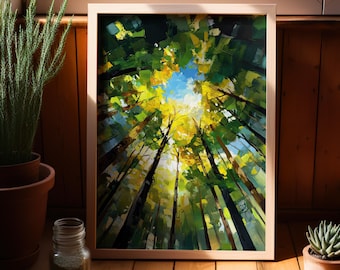 May include: A framed painting of a forest scene with tall trees reaching up towards a bright blue sky. The trees are painted in shades of green, yellow, and brown, and the sky is filled with white clouds.