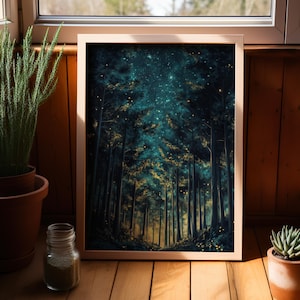 Elegant Celestial Forest Wall Art Poster or Canvas Print, Surreal Forest Glow, Starry Night Sky, Cottagecore Decor, Whimsical Night Print