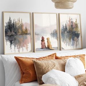 Girl and Golden Retriever Lake Art Set of 3 Poster or Canvas Print, Pastel Watercolor Dog Art, Minimalist Nursery Decor, Pine Tree Lake Art