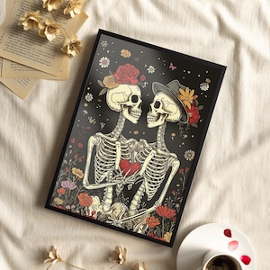 Unique Skeleton Lover Wall Art Print or Canvas, Gothic and Whimsical Skull, Botanical Couple Poster, Tarot Card Feel Spooky Valentine's Gift