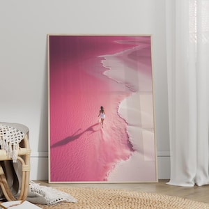 Woman Walking On The Pink Beach Wall Art Poster or Canvas Print, Pink Sea Nature Landscape, Pink Art Print, Preppy Pink Coastal Girly Art