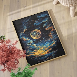 Full Moon Over Sunset Vintage Style Ethereal Night Sky Wall Art Poster or Canvas Print, Starry Night Sky Dark Art Print, Dreamy Night Print