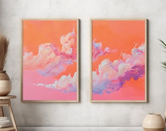 Orange Pink Cloud Sky Landscape Wall Art or Canvas, Minimalist Pastel Art Print, Vintage Modern Sky Cloud Print, Nursery Home Decor Painting