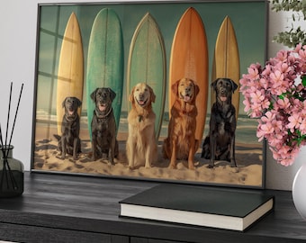 Surfboard Dogs Beach Wall Art Poster or Canvas Print, Colorful Coastal Dog Print, Surfing Pet Lover Gift, Vintage Style Beachy Home Decor
