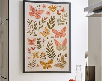 Butterflies Leaves & Flowers Soft Pastel Minimalist Art Poster or Canvas Print, Boho Art Print Butterfly Leaf Flower Butterfly Wings Print