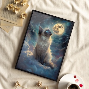 Birman Cat in Space Oil Painting Mystical Art Poster or Canvas Print, Cat on the Clouds Moon Gazing Dark Moody Wall Art Whimsigoth Cat Print
