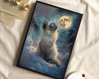 満月の猫のプリント | 宇宙アート | 白い猫 | 宇宙アート | 月の