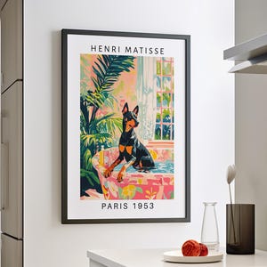 Doberman in Bathtub Wall Art Poster or Canvas Print, Funny Bathroom Print, Henri Matisse Artwork, Maximalist Animal Decor, Whimsy Dog Print