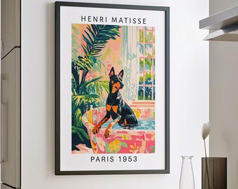 Doberman in Bathtub Wall Art Poster or Canvas Print, Funny Bathroom Print, Henri Matisse Artwork, Maximalist Animal Decor, Whimsy Dog Print