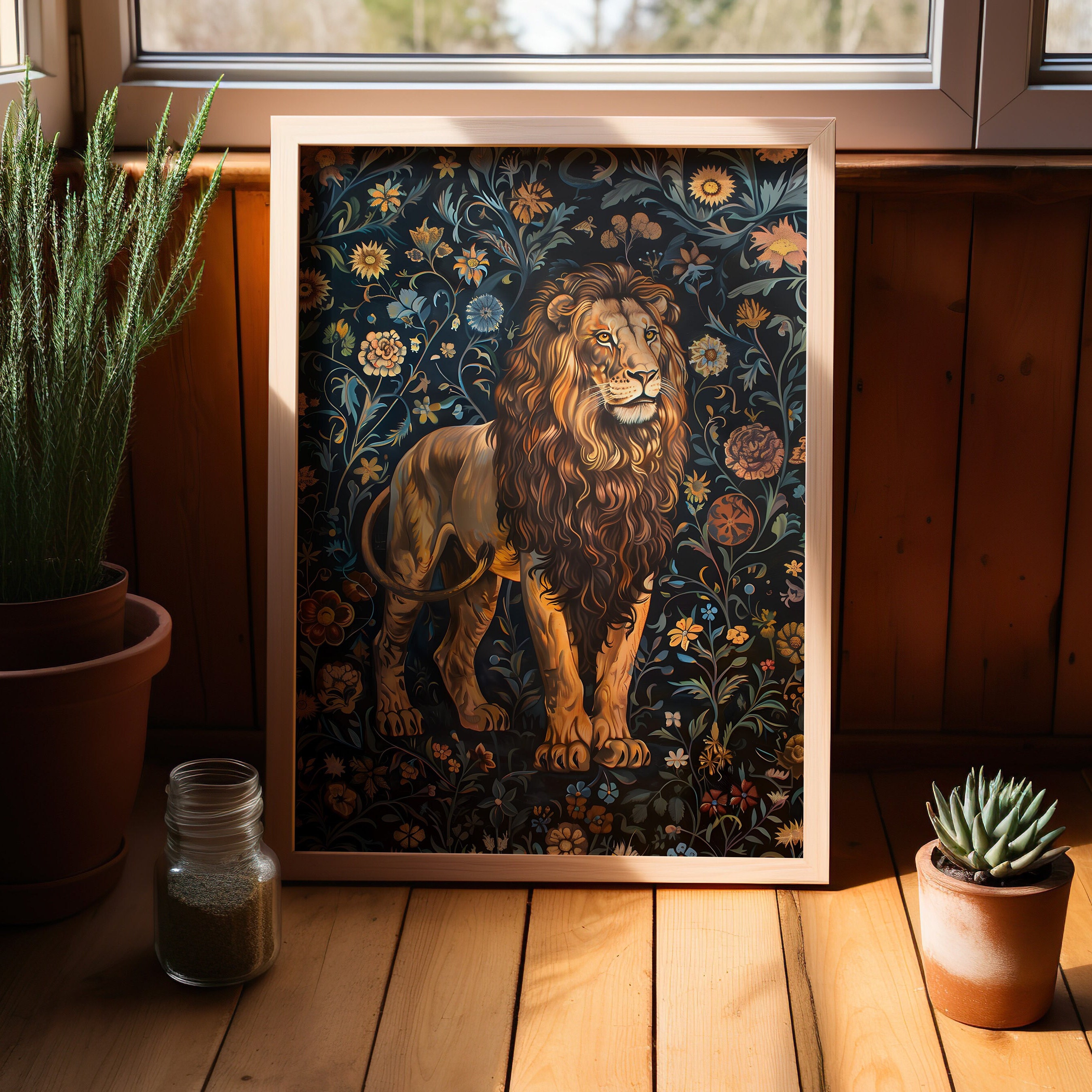 Lion Flower William Morris Wall Art Print Canvas, Vintage African Animal Gift For Him, Cottagecore Dark Academia Decor Mid Century Botanical