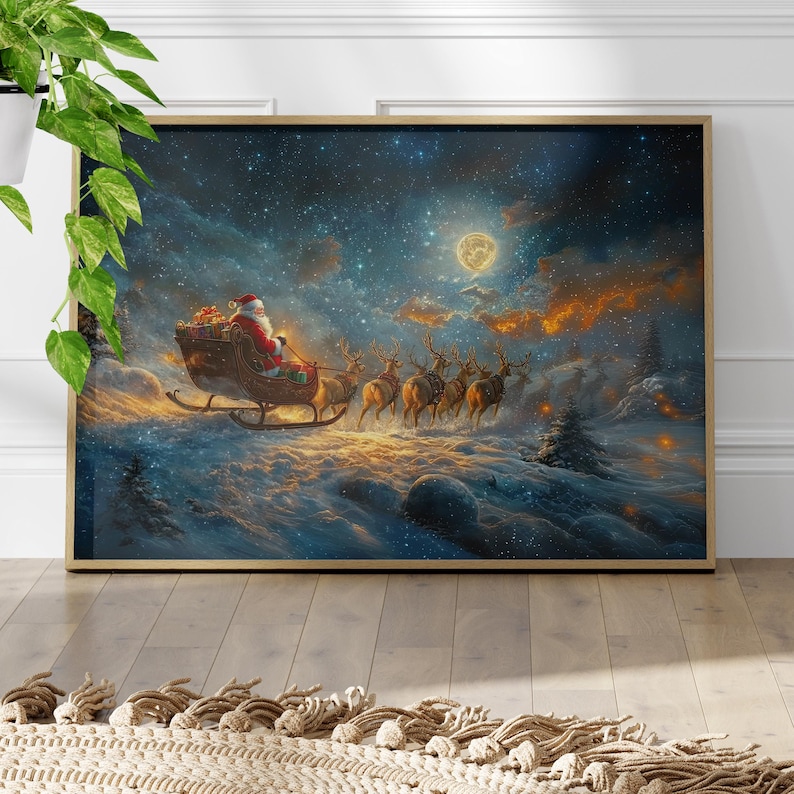 Vintage Santa Sleigh and Reindeer Art Poster or Canvas Print, Starlit