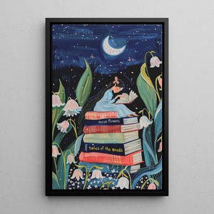 May include: A girl sits on a stack of books in a forest setting. The books are titled "Moon Flowers" and "Tales of the Woods". The scene is illuminated by a crescent moon and stars.