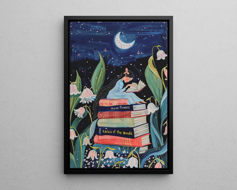 May include: A girl sits on a stack of books in a forest setting. The books are titled "Moon Flowers" and "Tales of the Woods". The scene is illuminated by a crescent moon and stars.