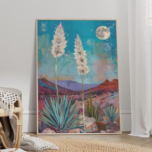 White Yucca Flowers Moon Over Desert Landscape Poster or Canvas Print, Floral Botanical Art Print, Western Floral Art, Cactus in Port Print