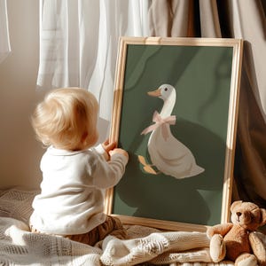 Cute Silly Goose Wall Art Sage Green Poster or Canvas Print, Vintage Coquette Room Decor, Girl Nursery Wall Art, Quirky Girly Goose Print