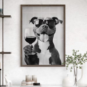 Happy Pit Bull Wine Wall Art Black and White Poster or Canvas Print, Perfect Gift for Dog Lover, Bar Cart Decor, Retro Kitchen Print Funny