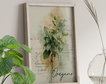 May include: A framed watercolor print featuring a bundle of fresh oregano. The artwork has a vintage aesthetic with a beige and green color palette, and handwritten script in the background. The word "Oregano" is written in cursive.