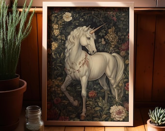 Vintage Floral Unicorn William Morris Inspired Botanical Art Poster or Canvas Print, Horned Horse Print Dark Academia Dark Cottagecore Decor