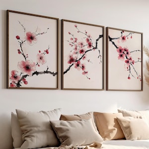 Cherry Blossom Branch Print Watercolor Art Set of 3 Poster or Canvas Print, Japanese Tree Branch Art, Pink Flower Sakura Tree Branch Art