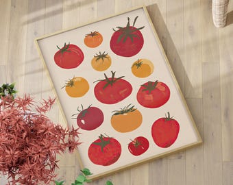 Heirloom Tomato Illustration Poster or Canvas Print, Minimalist Retro Mediterranean Food Art, Red and Yellow Tomato Trendy Kitchen Decor