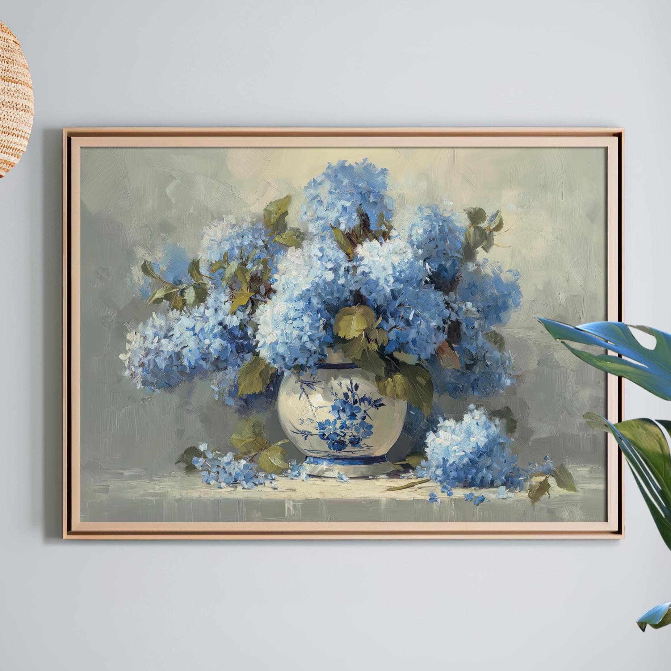 Blue Hydrangea Vintage Oil Painting Poster or Canvas Print, Floral