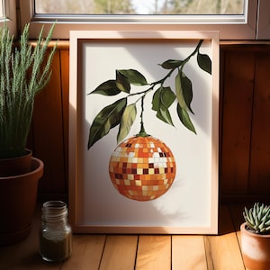 Orange Disco Ball Print Retro Wall Art Poster or Canvas, Mirror Ball Citrus Fruit Art, Bar Cart Print, Funky Food Art, Retro Trendy Prints