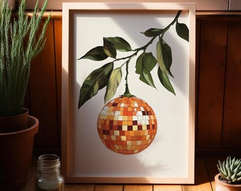 Orange Disco Ball Print Retro Wall Art Poster or Canvas, Mirror Ball Citrus Fruit Art, Bar Cart Print, Funky Food Art, Retro Trendy Prints