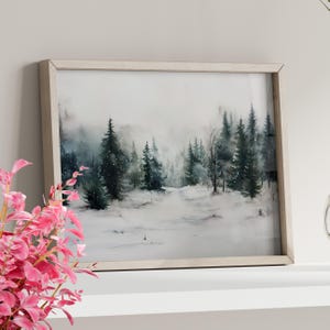 Watercolor Winter Forest Painting Art Print or Canvas, Christmas Painting, Snowy Forest Pine Trees Christmas Decor Holiday Poster