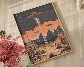 Vintage UFO Western Wall Art Poster or Canvas Print, Retro Surreal Art Southwestern Wall Decor, Cosmic Alien Wall Art Retro Cowboy Wall Art