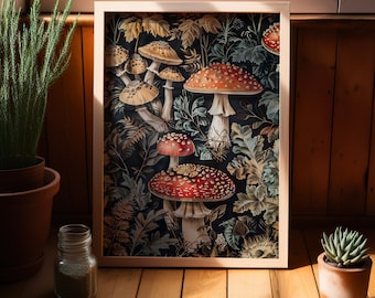 Mushroom William Morris Wall Art Print Canvas, Vintage Country Flower Gift For Her in Cottagecore Dark Academia Decor, Mid Century Botanical