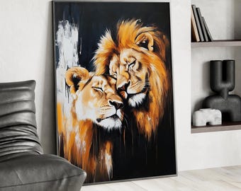 Romantic Lions in Love Oil Painting Poster or Canvas Print, Impasto Art Golden Lion Couple Wall Decor, Animal Lovers Print Dark Wall Decor