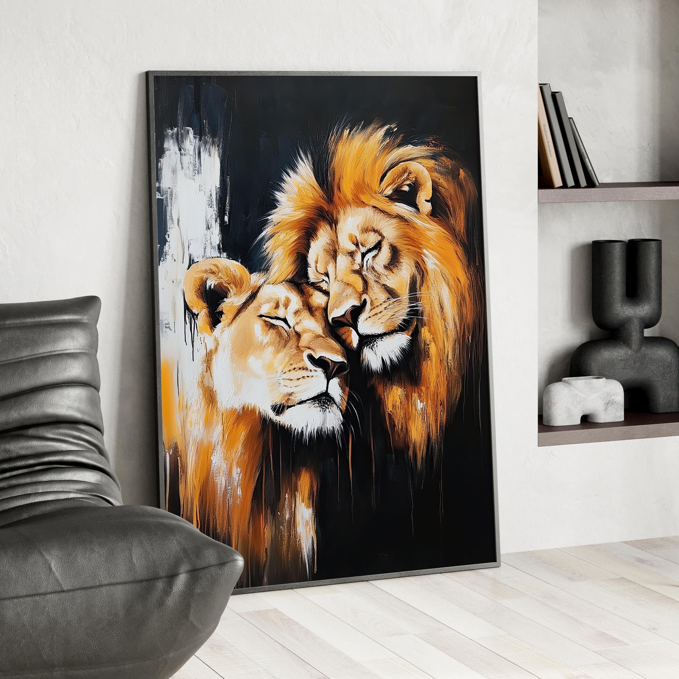 Romantic Lions in Love Oil Painting Poster or Canvas Print
