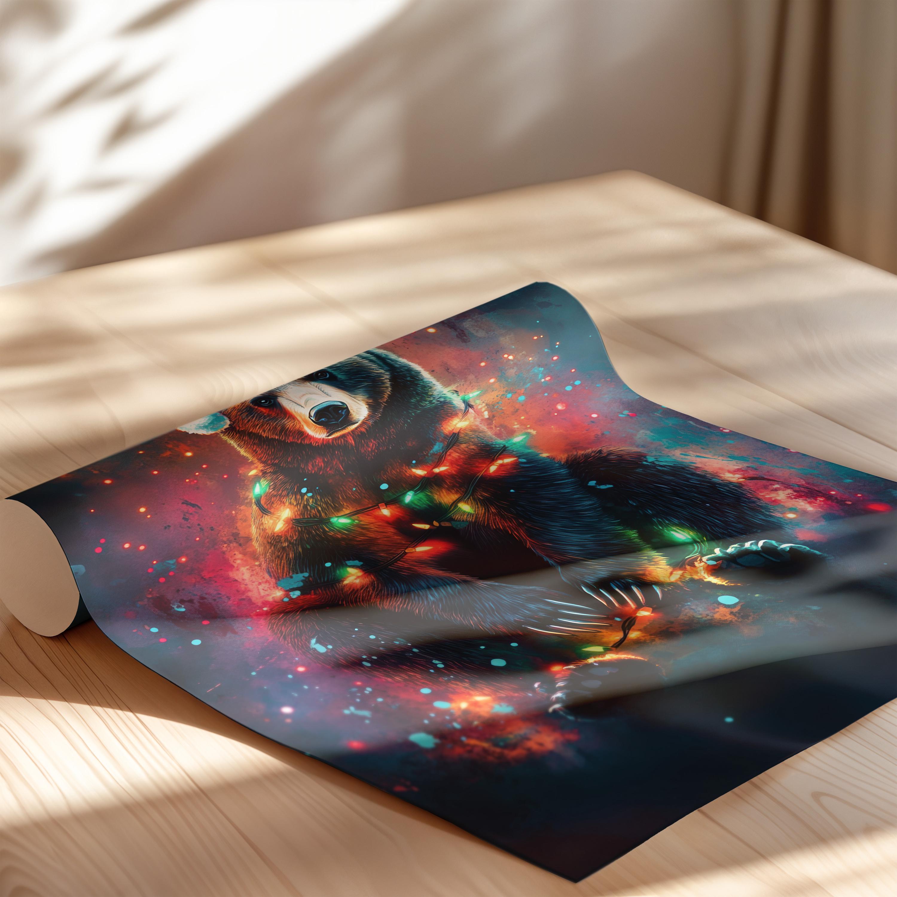 Grizzly Bear With Christmas Lights and Santa Hat Poster or Canvas Print ...