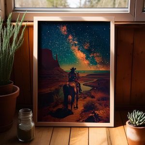 Horse Riding Cowgirl Wall Art Poster or Canvas Print, Surreal Art Print, Retro Cowgirl Western Art Print, Vintage Starry Sky Cowgirl Print