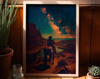 May include: A lone cowboy rides a brown horse through a desert landscape under a starry night sky. The Milky Way is visible in the sky, and the cowboy is wearing a brown hat and a brown jacket.
